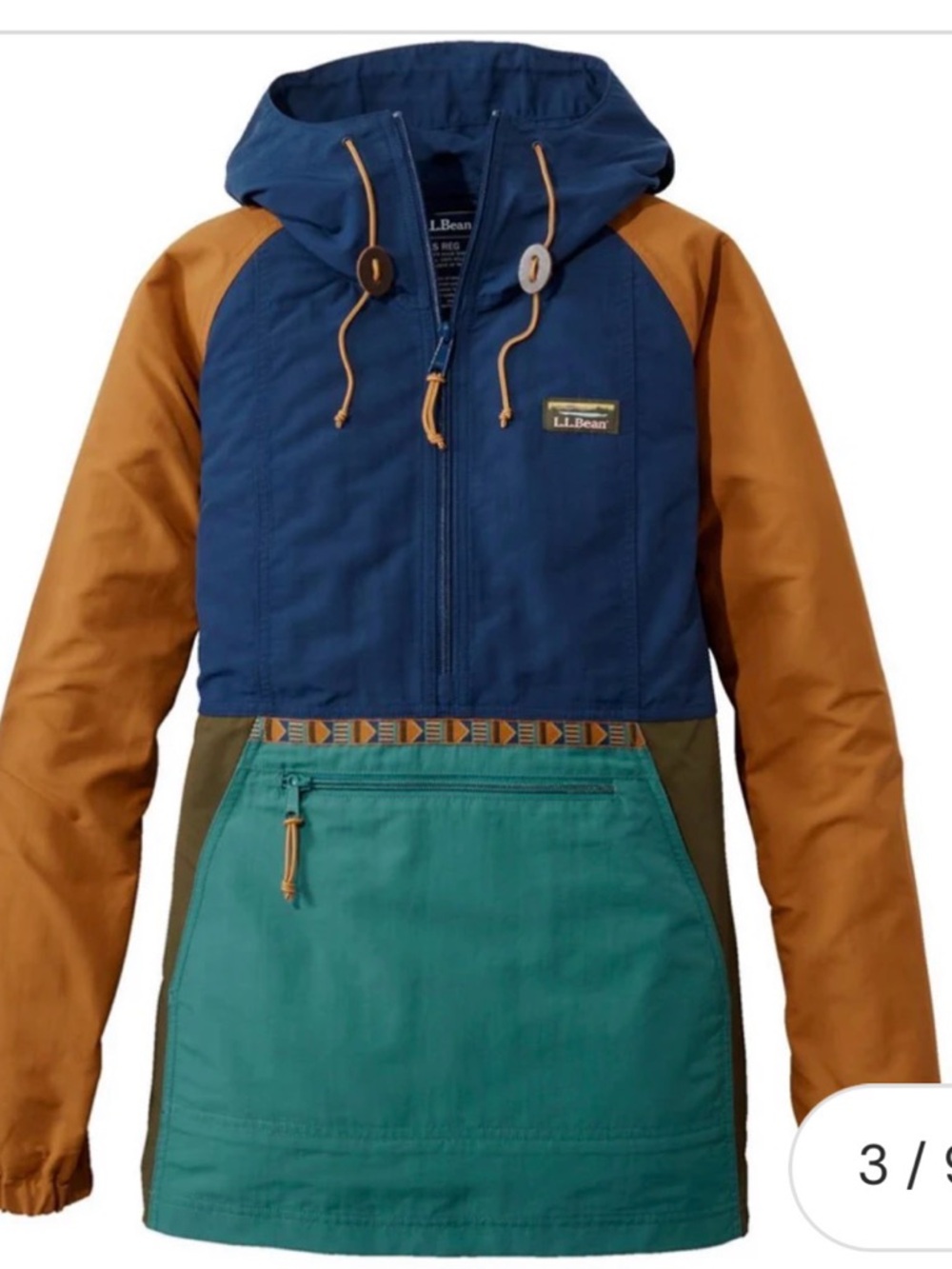 L.L. Bean Navy, Teal & Tan Colorblock Kids Hooded Anorak